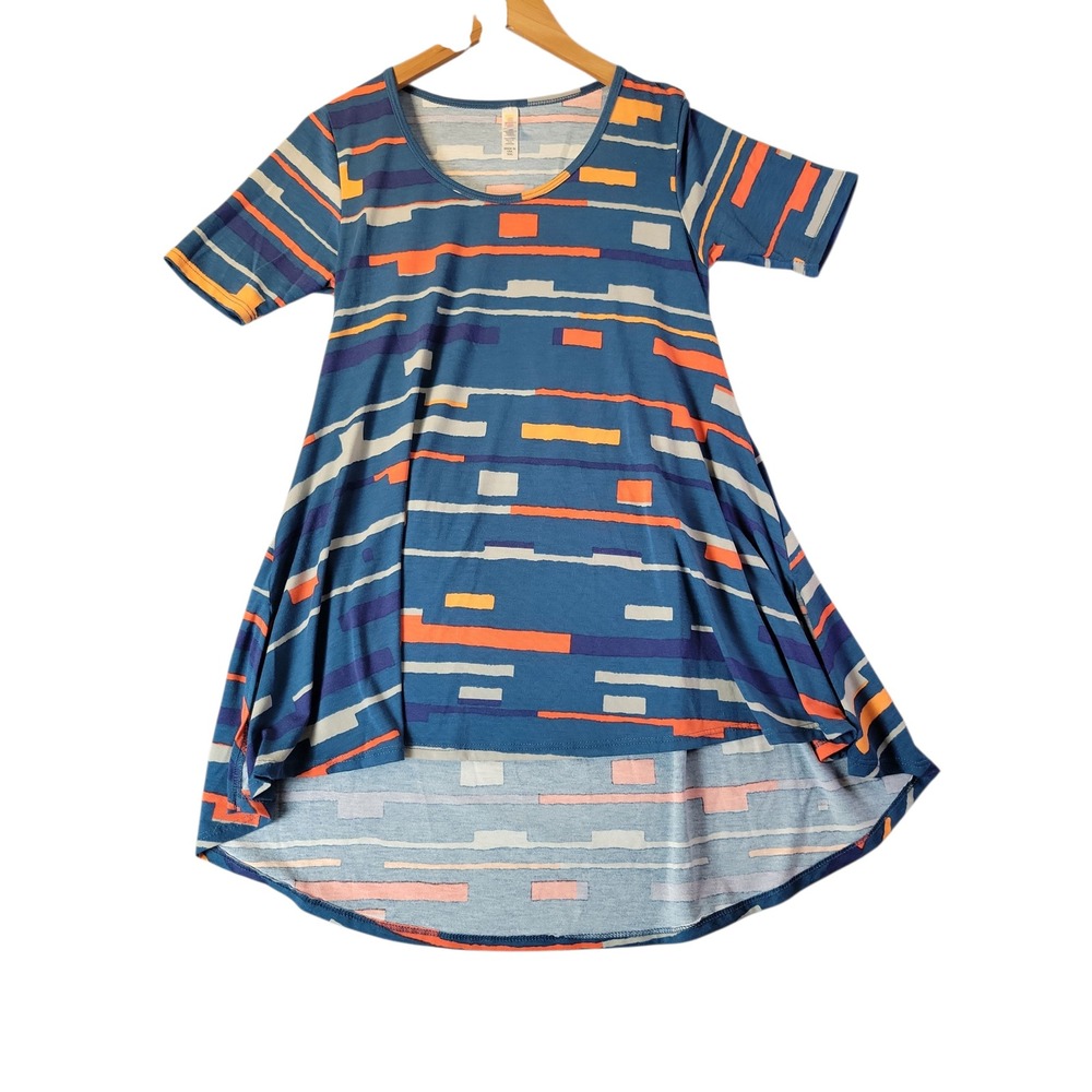 Lularoe Womens Carly Dress XXS Blue Abstract High Low‎ Hem Stretch Casual USA